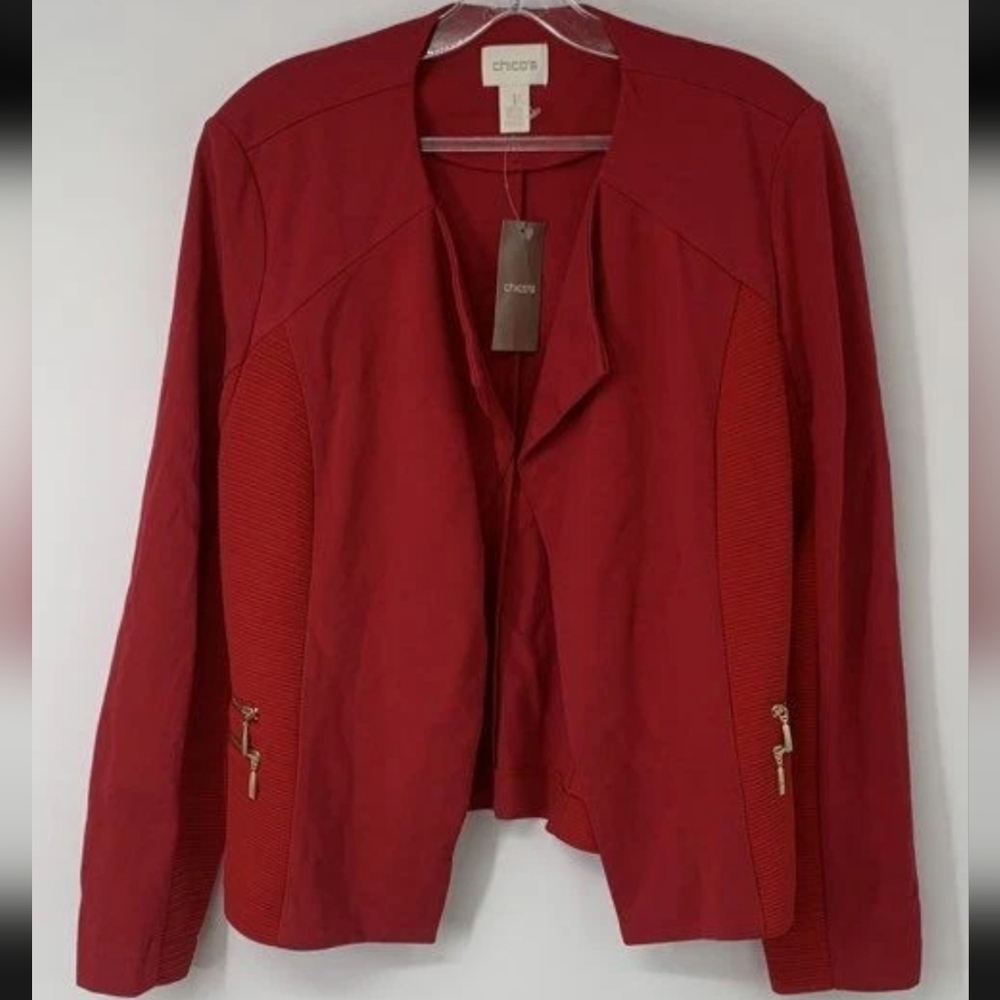 Chico's Crimson Open-Front Blazer with Zip Details